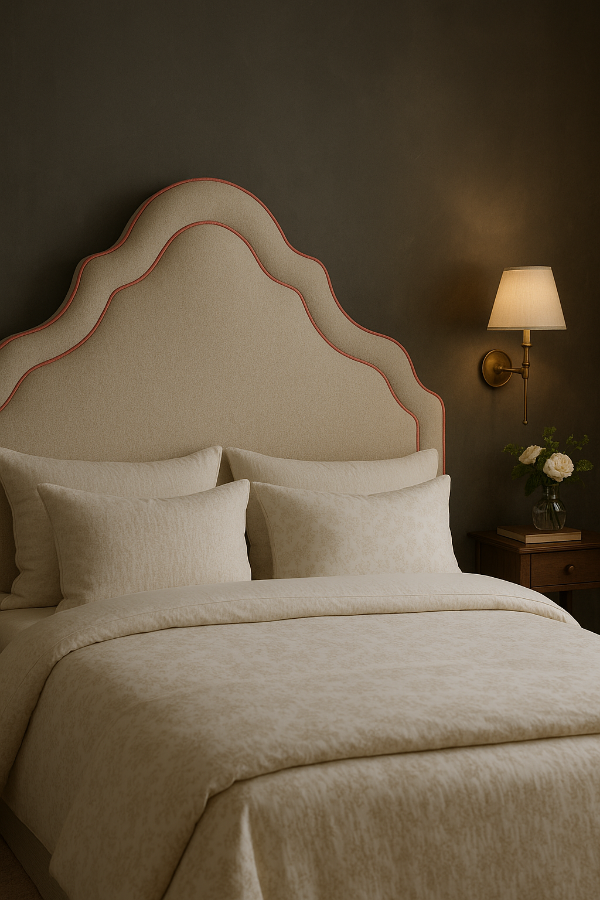 Neatly made bed with beige bedding and headboard in a dimly lit room.